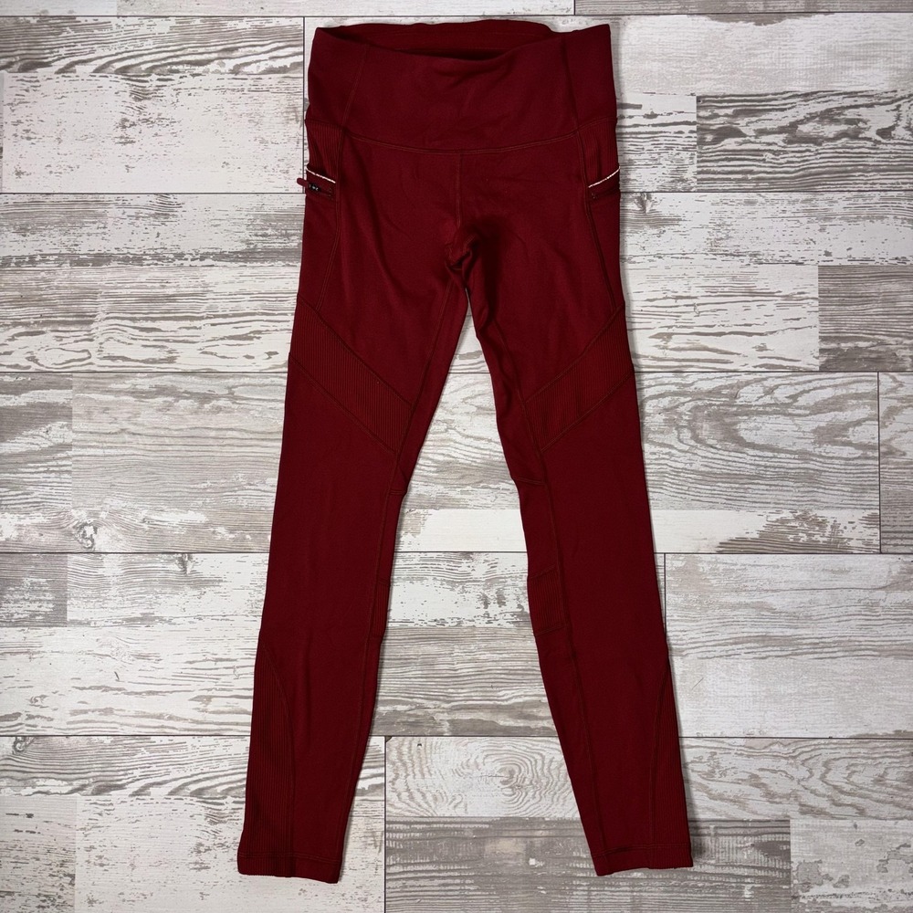 Lululemon Womens Size 4 Red High Rise Running Leggings Zip Pockets Ankle Zip